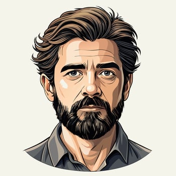 Stylish portrait illustration of a bearded man with determined expression on a cream background vector