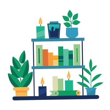Bookshelf illustration with plants and candles cozy home decor art vector
