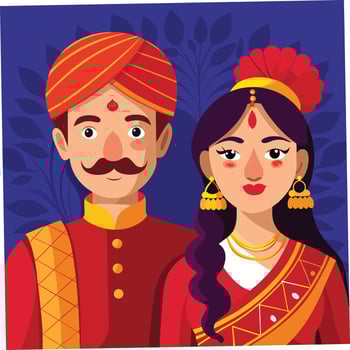 Indian wedding couple cartoon illustration celebrating tradition and culture together in red and gold vector