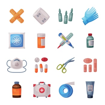 Medical Emergency Box Equipment and Medications, Mask, Tube of Ointment, Thermometer, Ampule, Syringe, Scissors, Pills Flat Illustration vector