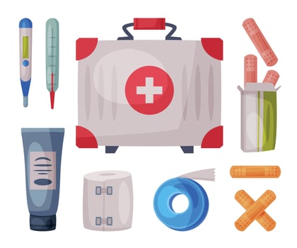 First Aid Kit Box with Medical Equipment and Medications for Emergency Service, Hospital and Medical Diagnostic Flat Illustration vector