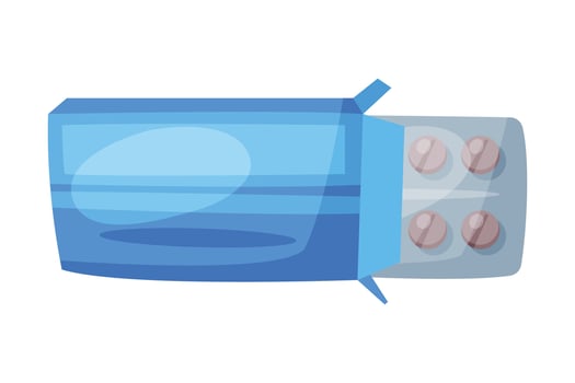 Blister Pack of Tablets in Cardboard Box, Medicine Pills, First Medical Aid Kit Element Illustration on White Background vector