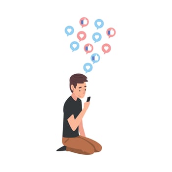 Teenage Boy Sitting on the Floor with Smartphone, Guy Using Gadget to Communicating or Surfing the Internet Illustration vector