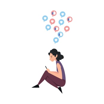 Brunette Girl Sitting on the Floor with Smartphone, Person Using Gadget to Communicating, Surfing the Internet Illustration vector