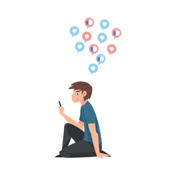 Boy Sitting on the Floor with Smartphone, Teenager Using Gadget to Communicating or Surfing the Internet Illustration vector