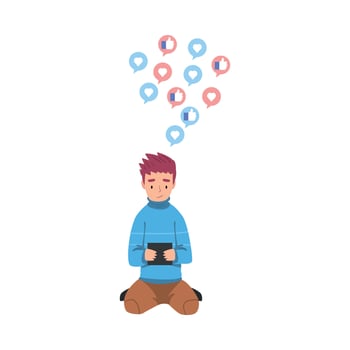 Boy Sitting on the Floor with Tabet PC, Teenager Using Gadget to Communicating, Surfing the Internet Illustration vector