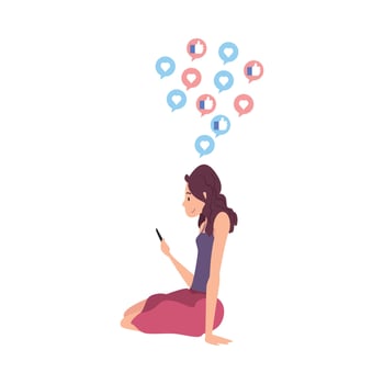 Girl Sitting on the Floor with Smartphone, Person Using Gadget to Communicating, Surfing the Internet Illustration vector