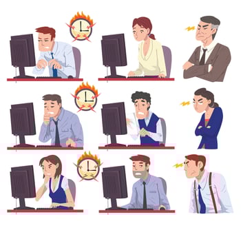 Business People Working Overtime at Deadline Set, Overloaded Office Workers Sitting at Workplace in Office in High Stress Conditions Illustration vector