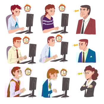 Stressed Business People Working Overtime at Deadline Set, Overloaded Office Workers Working Hard Solving Business Problems Illustration vector