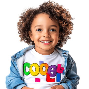 Happy Child Wearing Colorful Alphabet Shirt against transparent background png