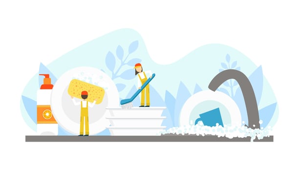 Tiny Professional Workers in Uniform Washing The Dishes in Kitchen, Cleaning Company Staff at Work Flat Illustration vector