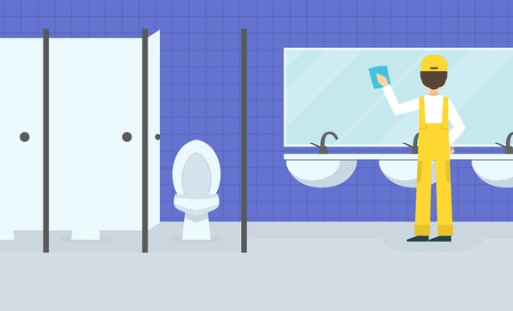 Professional Worker in Uniform Wiping Mirror in Public Toilet, Cleaning Company Staff at Work Flat Illustration vector