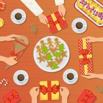 Family Celebrating Christmas at Home, People Having Dinner Together and Exchanging Gifts, View from Above Flat Illustration vector