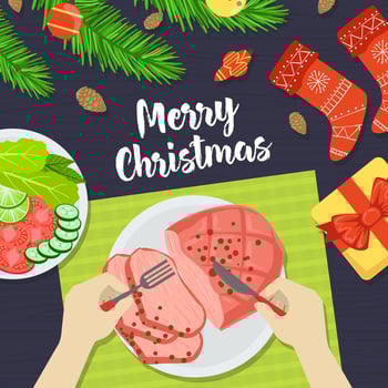 Merry Christmas Banner, Person Eating Festive Dinner with Fork and Knife View from Above Flat Illustration vector