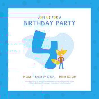 Happy 4th Birthday Invitation Card Template, Birthday Anniversary Number with Cute Fox Animal Cartoon Illustration vector
