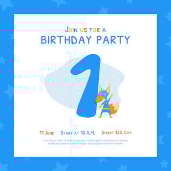 Happy First Birthday Invitation Card Template, Birthday Anniversary Number with Cute Fox Superhero Animal Cartoon Illustration vector
