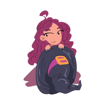 Lovely Girl Witch Sitting on Her Knees Holding Black Hat, Cute Halloween Cartoon Character Illustration vector