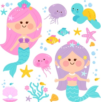 Cute mermaid princess girls, sea animals and fish under the sea. Cute colorful mermaid sirens swim underwater. vector