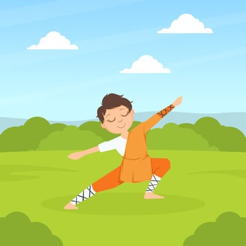 Kid Asian Martial Art Fighter, Cute Boy Athlete Practicing Wushu Technique Outdoors Cartoon Illustration vector