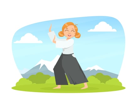 Kid Asian Martial Art Fighter, Girl Athlete Practicing Aikido Technique Outdoors Cartoon Illustration vector