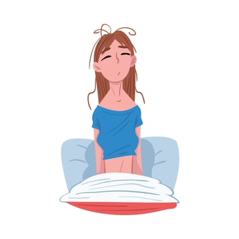 Sleepy Young Woman Sitting in her Bed after Waking Up, People Activity Daily Routine Cartoon Style Illustration on White Background vector