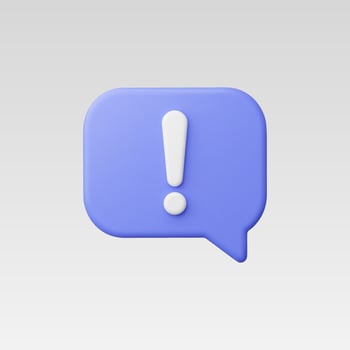 3D render of a blue speech bubble with a white exclamation mark. vector