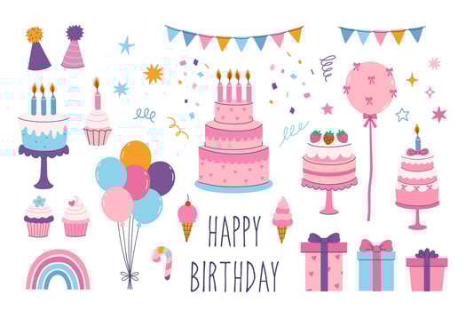 Set of birthday celebration graphics on white background. graphics. vector