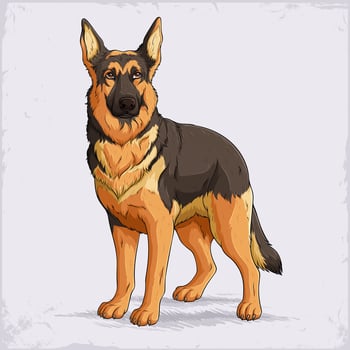 Hand drawn dog breed German shepherd, large sized standing Alsatian herding and working dog, tan with black saddle domestic dog vector