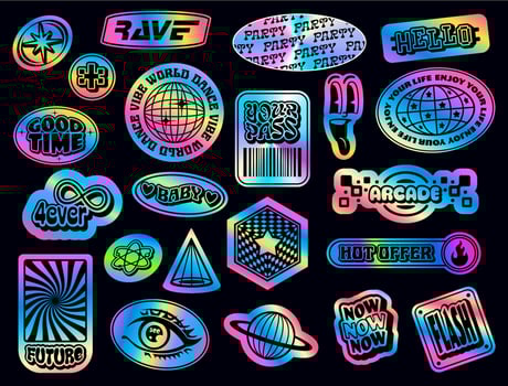 Iridescent holographic y2k groovy patch stickers vector