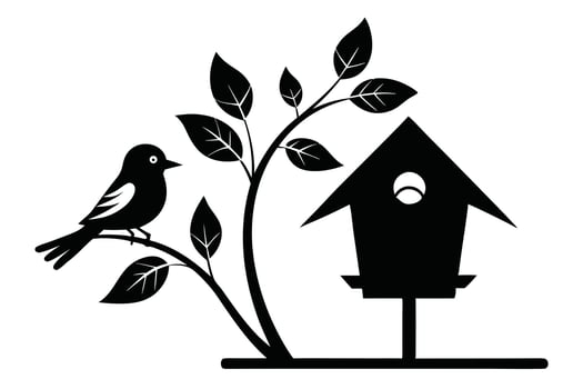 Simple black bird perches on a branch near the birdhouse icon vector