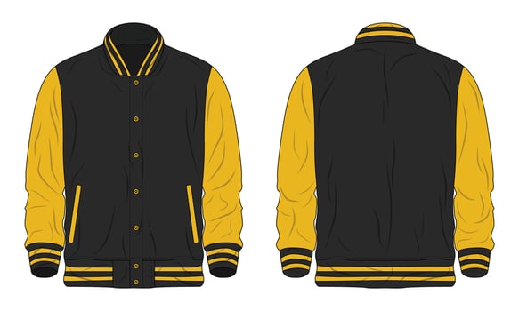 Black and yellow varsity jacket mockup front and back view vector