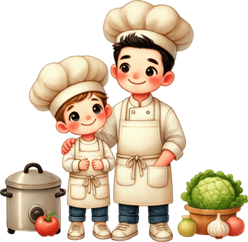 Father and son cooking together in the kitchen png