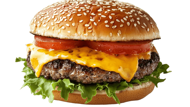 Delicious cheeseburger with sesame bun tomato and lettuce fresh food isolated on transparent background png