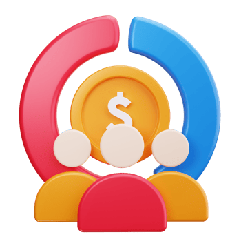 There are three people and a dollar sign in a 3d graphic. png