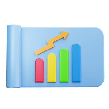 Blue 3d bar graph with a yellow arrow. png