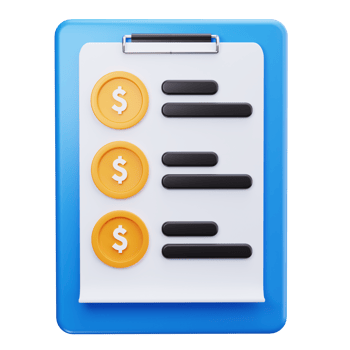 Blue clipboard with three gold coins on it. png