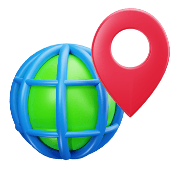 3d icons of a green globe with a blue grid and a red location pin png