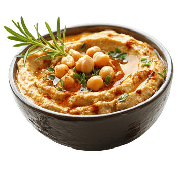 Delicious hummus recipe with chickpeas and herbs in a ceramic bowl dish isolated on transparent background png