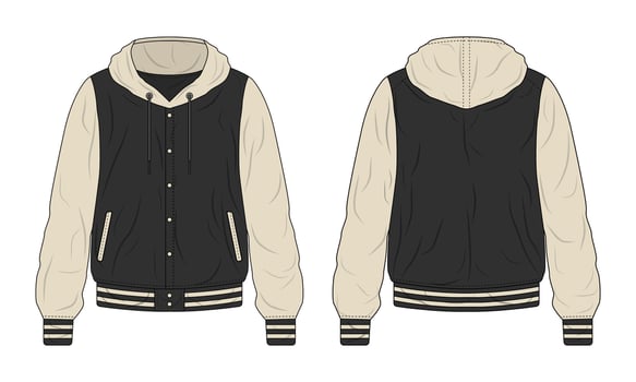 Black and beige hoodie varsity jacket template vector