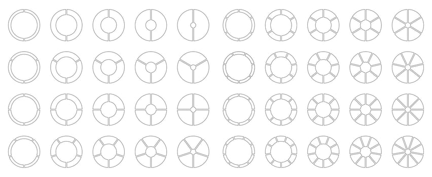 Circle division from 2 to 9 equal parts. Segmented diagrams. Coaching empty blank. Pie chart icons. Infographics set. Wheel round divided. Section graph black charts. vector