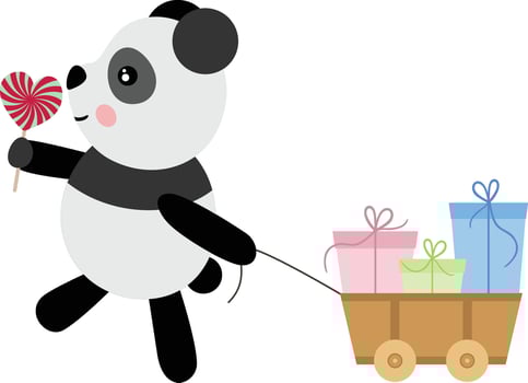 Cute Panda Bear with Lollipop and Present Cart vector