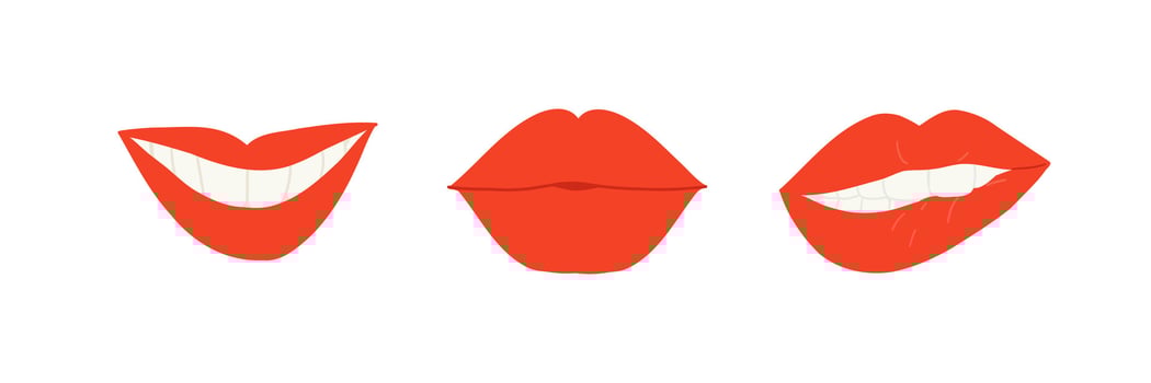 A stylish set featuring three red lip designs, including a kiss mark and open smiles. Suitable for cosmetics advertising, Valentine Day cards, or glam themed artwork. vector