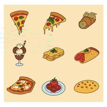Italian Food Icons Pizza with pasta, and lasagna. vector