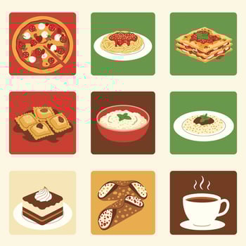 Italian Food Icons Pizza with Pasta, and Dessert. vector