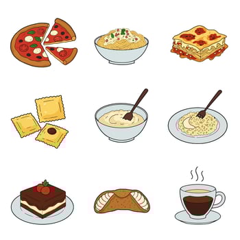 Italian Food Set Pizza with Pasta, Lasagna, and Dessert. vector