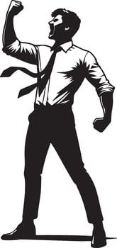 A man in a suit with a tie is cheering with his fist raised in the air in silhouette vector