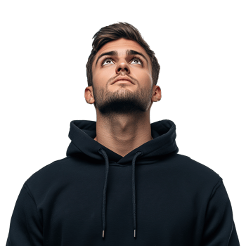 Handsome Man Wearing Black Hoodie and Looking Up, Isolated at Transparent Background png
