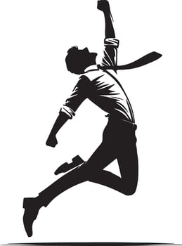 Silhouette of a man in a shirt and tie jumping with his fist raised in the air victoriously vector