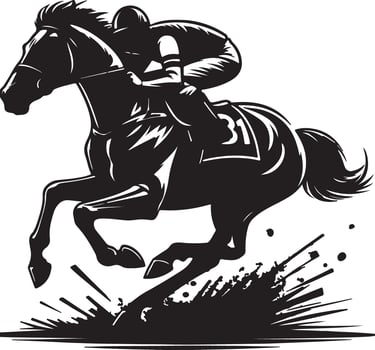 A black and white illustration of a horse and jockey racing with number thirty one vector
