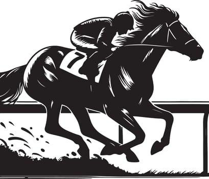 A black and white illustration of a horse and jockey racing with number seven on back vector